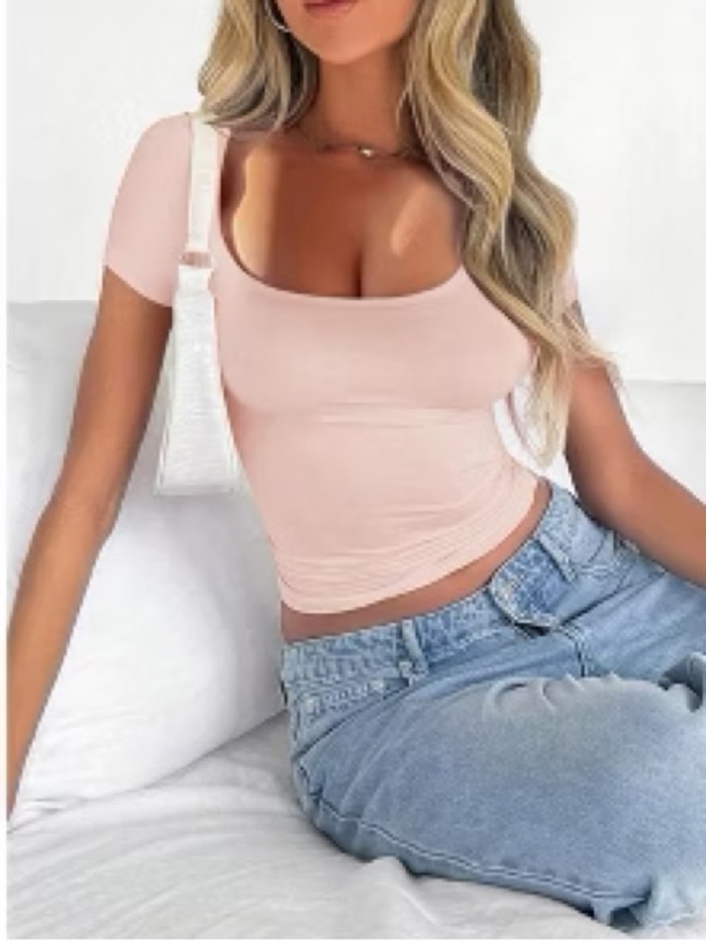 Soft Pink Square Neck Short Sleeve Tee